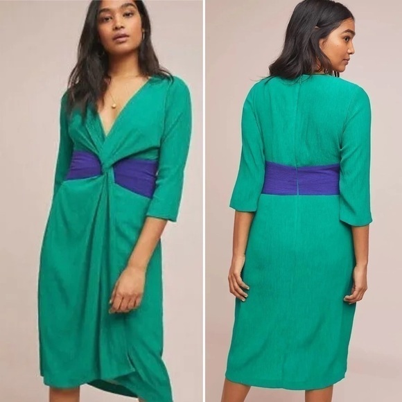 Moulinette Soeurs Anthropologie Sorley Green Blue Twist Front Textured Midi | 6 - Picture 16 of 16